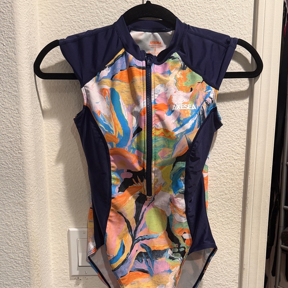 AXESEA Girls' Navy Multicolor Front-Zip One-Piece Swim Suit